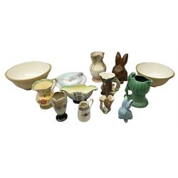 Two T.G Green Gripstand mixing bowls, Sylvac novelty jug modelled as a mushroom, the handle in the form of two gnomes, together with Sylvac leaf oval planter/vase, Beswick jug, Hornsea Fauna jug and posy vase, together with other ceramics