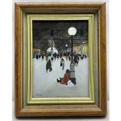 Janet Ledger (British 1931-): Newcastle Station, acrylic on board signed 19cm x 14cm 
Provenance: with The Linda Blackstone Gallery, Pinner, label verso
