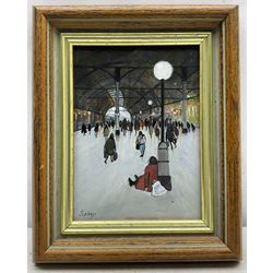 Janet Ledger (British 1931-): Newcastle Station, acrylic on board signed 19cm x 14cm 
Provenance: with The Linda Blackstone Gallery, Pinner, label verso