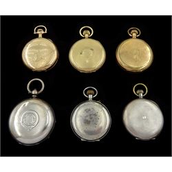Three early 20th century gold-plated keyless lever pocket watches including full hunter Ingersoll Trenton, Edwardian silver key wound lever pocket watch, case by William Ehrhardt, Birmingham 1902, silver keyless lever half hunter pocket watch by Record and an 8 days keyless lever pocket watch