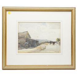 H Rutherford (British 19th/20th Century): Figures and Horses Walking Past a Barn and English School (19th/20th Century): Family Playing Games by the Fire, set of two watercolours one signed and dated '23 max 24cm x 33cm (2)