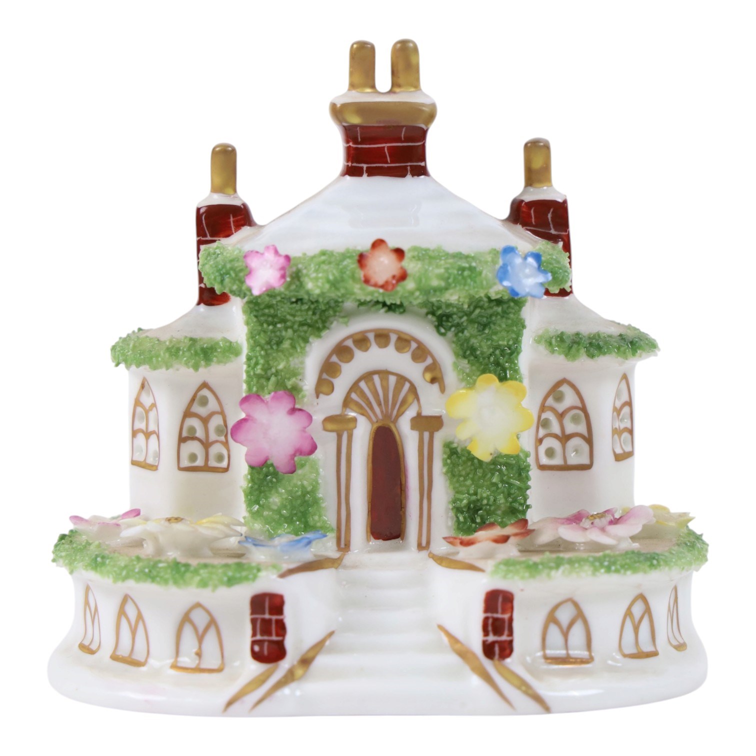 Collection of Coalport items, comprising floral mantel clock, houses including 'Park Lodge' 'The Umbrella House' 'Keepers Cottage', Coalbrookdale floral jar, and others; Kingmaker mouse ornament; Egyptian-style granite Bastet cat ornament, in one box
