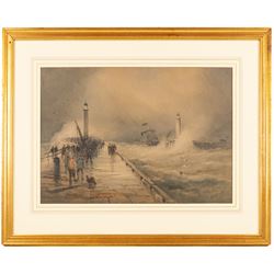 Frederick William Booty (British 1840-1924): Storm at the Mouth of Whitby Harbour, watercolour signed 35.5cm x 50cm