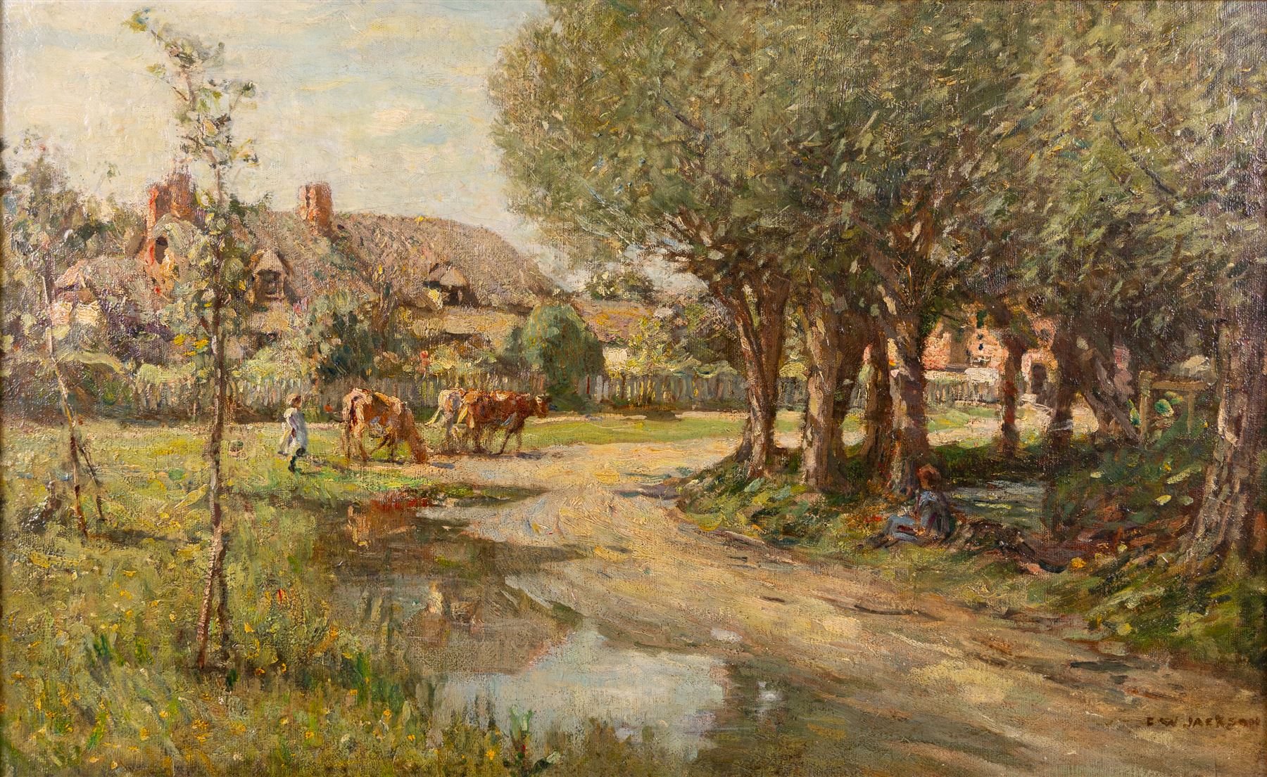 Frederick William Jackson (Staithes Group 1859-1918): 'Farm near Runswick Bay', oil on canvas signed, titled on plaque 45cm x 73cm 
Provenance: exh. Walker Galleries, Harrogate, label verso