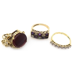 9ct gold hardstone swivel fob and two stone set 9ct gold rings