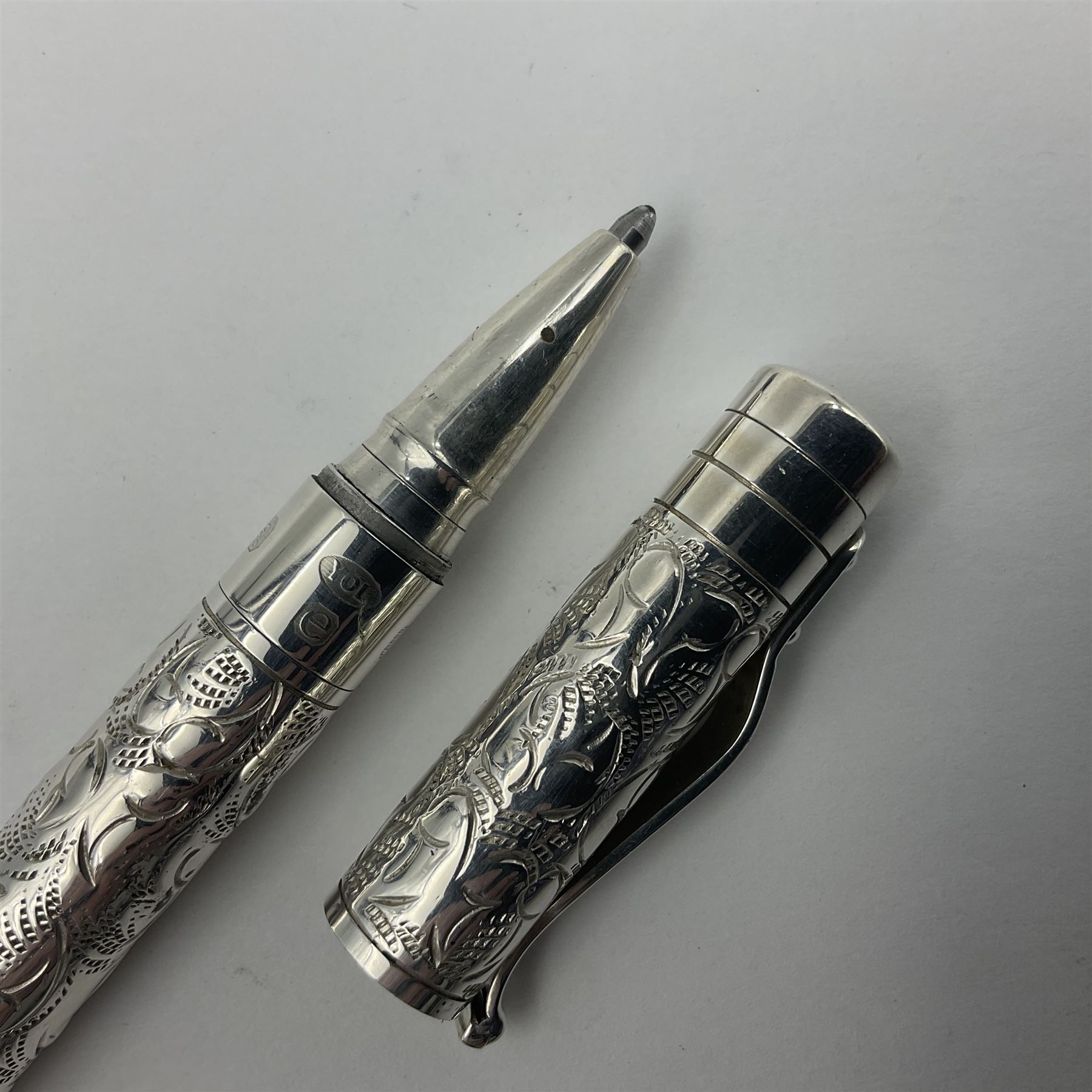 Silver Yard-o-Led Viceroy ballpoint pen, the foliate engraved barrel and cap hallmarked Birmingham 2004 and stamped 925, L11cm