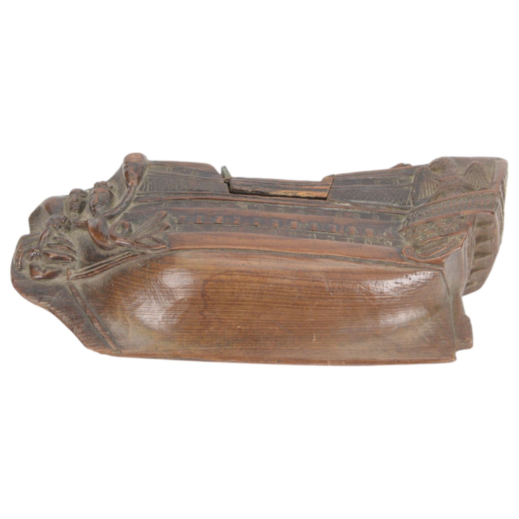 19th century treen snuff box in the form of a ship, with carved detail including windows and mythical figures, L15cm, H6cm