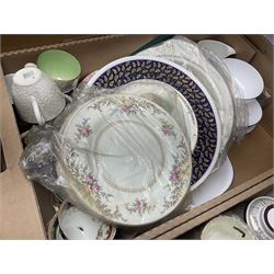Collection of tea and dinner wares, to include Crown Clarence wares, two Maling cups and saucers, etc,  together with three Foley twin handled urns etc, in three boxes