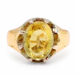 Victorian 15ct rose gold citrine ring, eight claw set with a single oval cut citrine, Chester 1897