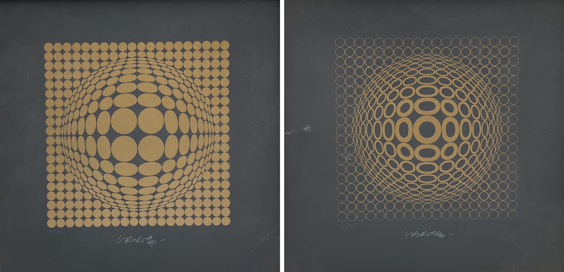 Victor Vasarely (Hungarian/French 1908-1997): 'Vega Gold I & II', two screenprints signed and numbered 14/90 and 10/45, respectively, 24cm x 24cm (2)