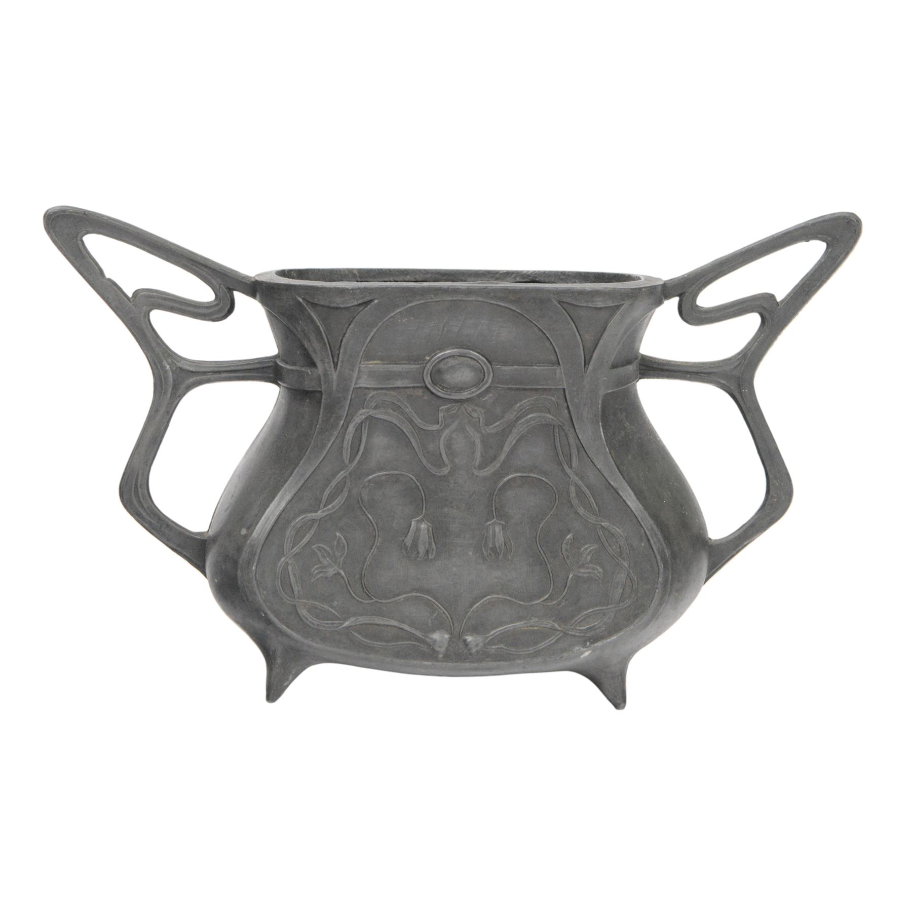 Twin handled Art Nouveau vase, decorated with a female figure by a river and flowers to the other side, with loop handles, H81cm  