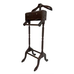 Regency design mahogany dumb-valet, fitted with jacket hanger, over two drawers and rail, twist-turned upright supports, on splayed feet united by shoe rests