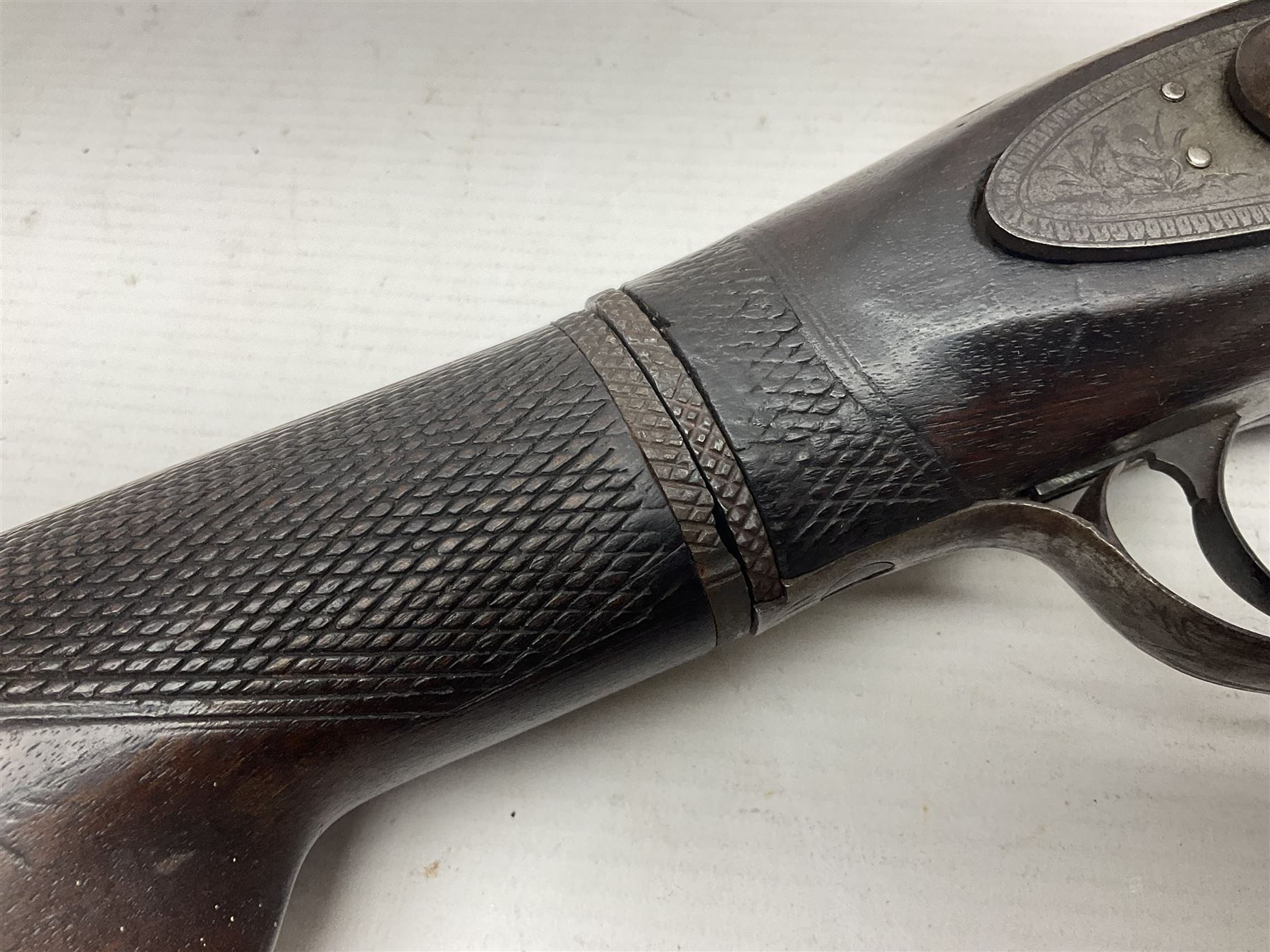 19th century take down 'cripple stopper' single barrel percussion gun, removable walnut stock with bayonet style fitting, chequered grip and fore-end, approximately 8-bore, the 59.5cm (23