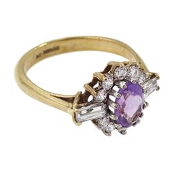 9ct gold amethyst and cubic zirconia cluster ring, hallmarked