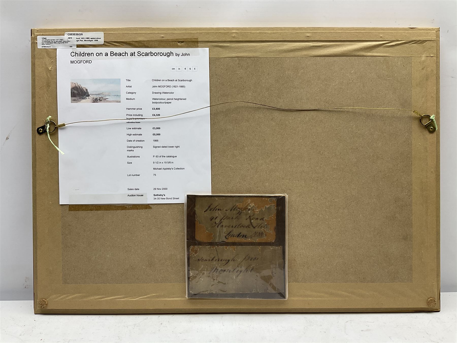 John Mogford (British 1821-1885): 'Scarborough Pier by Moonlight', watercolour signed and dated 1866, original title label and artist's address verso 16cm x 34cm
Notes: Mogford painted another watercolour of Scarborough in 1866 sold Sotheby's Bond Street 29th November 2000, Lot 75