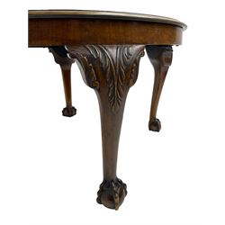 Victorian design mahogany circular coffee table, raised on cabriole supports decorated with acanthus leaf moulding, terminating in ball and claw feet