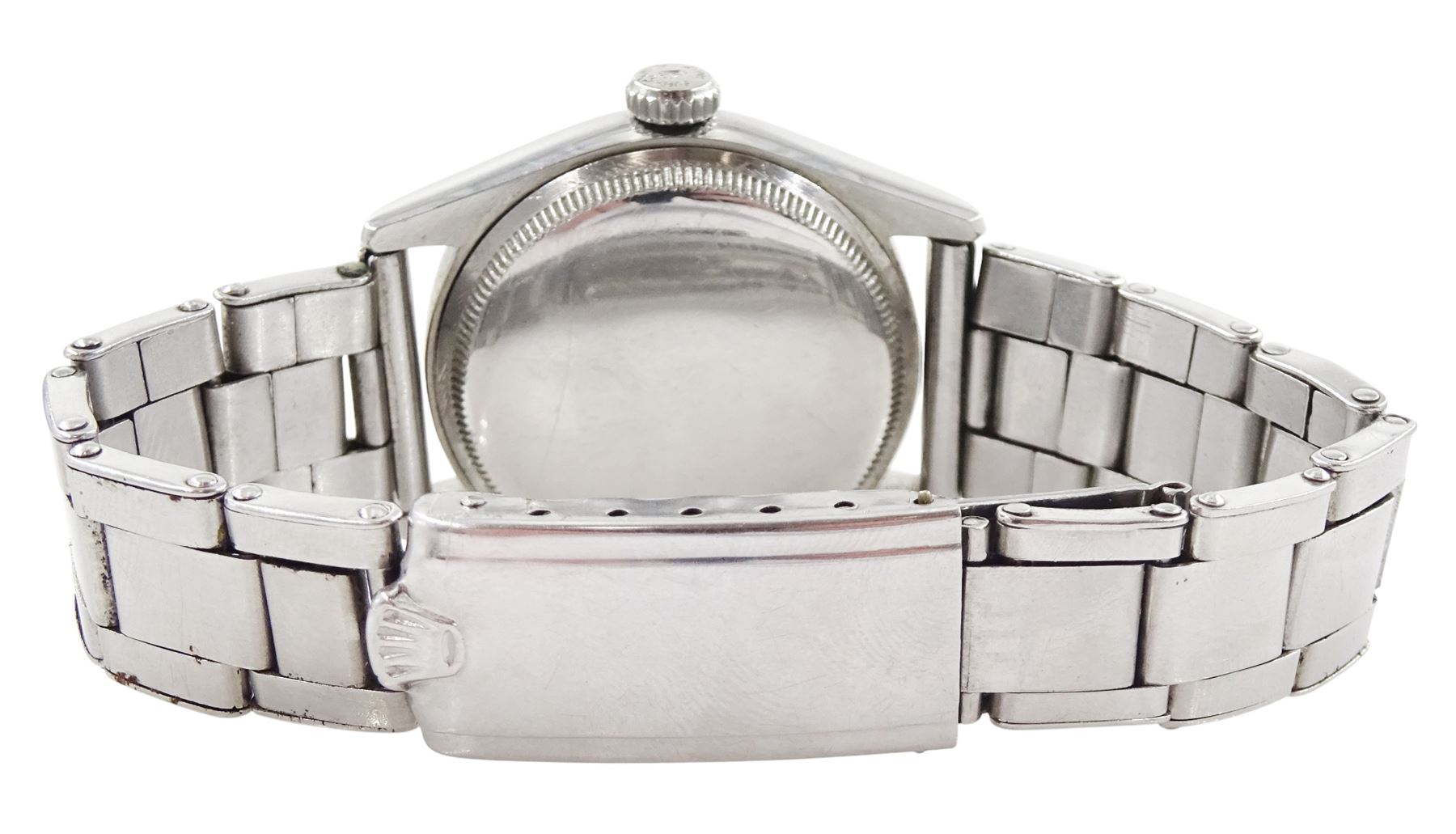 Rolex Oyster Perpetual gentleman's stainless steel automatic wristwatch, Ref. 6107, serial No. 804478, cream dial with dagger hour marks, on expanding Rolex bracelet, with fold-over clasp, with papers dated 1953 / 54