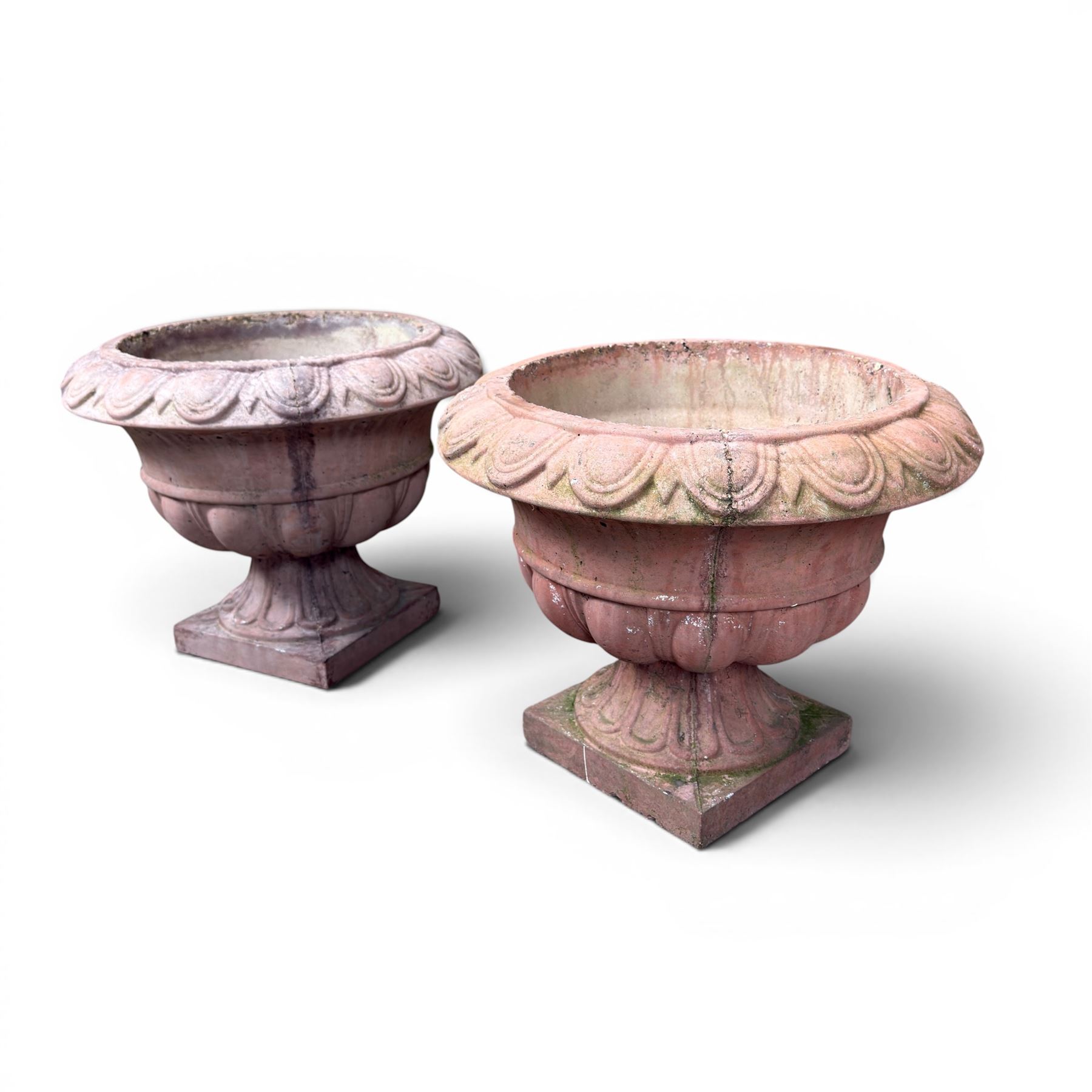 Pair of cast stone stone circular squat planters, egg and dart detail to rim, square base
