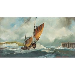 Dion Pears (British 1829-1985): Sailing By the Cliffs, oil on canvas board signed 23cm x 42cm 