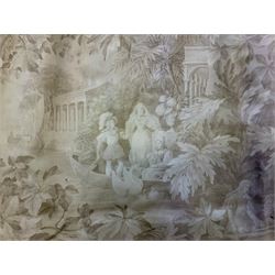 Crowson Fabric - pair of curtains with pleated headers (width at header - 80cm, drop - 165cm); another pair of curtains (width at header - 65cm, drop - 140cm); with tie backs and pleated pelmets; bed spread (255cm x 270cm); king-size valance; pale ground fabric with overall classical design, decorated with classical architecture, figures and foliage 