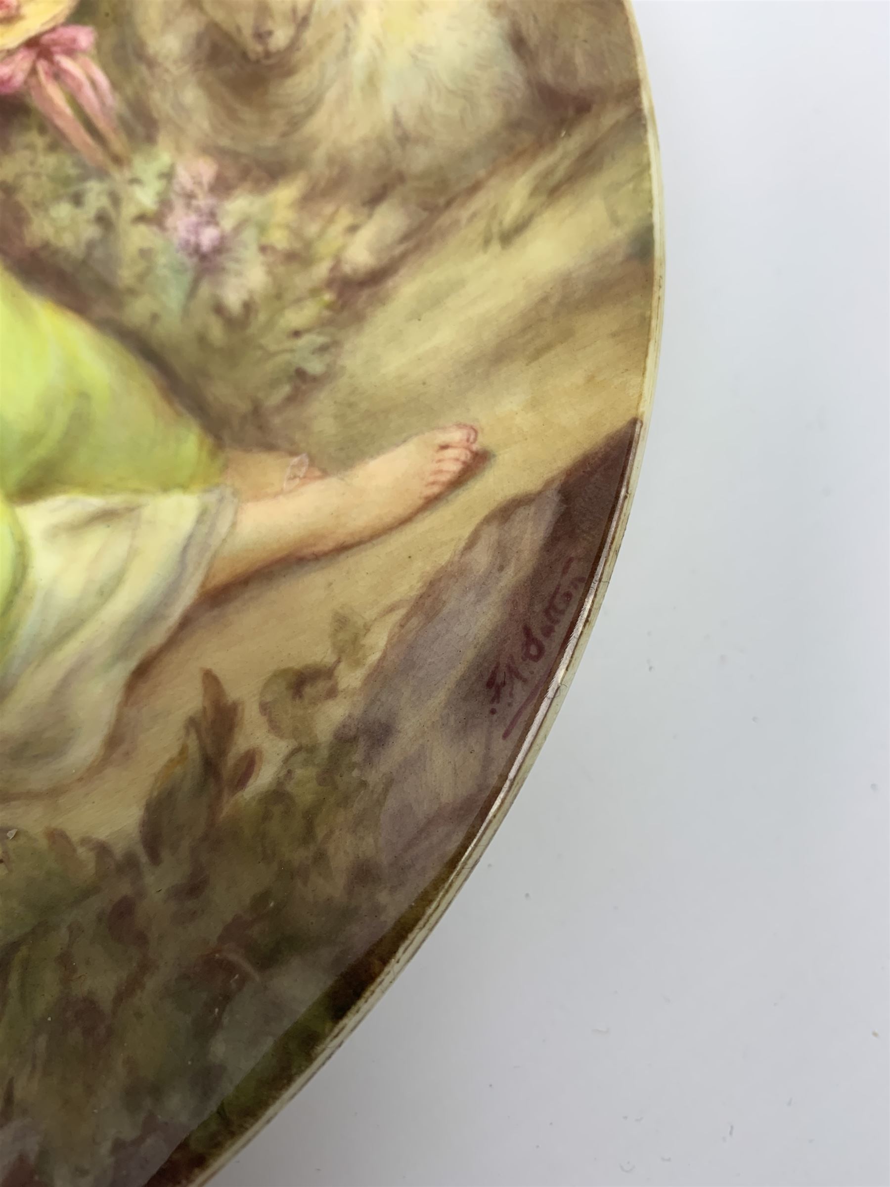 Late 19th century porcelain plate, hand painted by Frederick Sutton, depicting a female figure and putto within a wooded landscape, with recumbent sheep and brook to the fore, signed F N Sutton, unmarked verso, D22.5cm

Frederick Sutton was employed as a painter at the notable factories of Royal Worcester, Coalport, and Minton. 