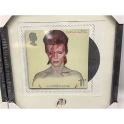 Set of four Royal Mail David Bowie limited edition album stamp prints, comprising Blackstar, Heroes, Let's Dance and Aladdin Sane, all framed and in original packaging, H43cm W43cm