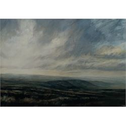 Jim Wright (Scottish 1945-): 'Westerdale', mixed media signed with initials 50cm x 71cm
Notes: Jim now living at Kirkbymoorside North Yorkshire was born in Scotland and spent his early childhood in Bannockburn near Stirling before his family moved to Perth in Western Australia where he discovered a lifelong passion for the surf. After completing his studies and gaining a diploma in art in Australia he worked in the commercial art field for many years before moving into Fine Art in 1998. Since then he has successfully established a reputation for his landscapes and seascapes of North Yorkshire.