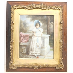 English School (Early 20th century): Portrait of a Lady with Bonnet, overpainted photographic negative on glass unsigned, style of Elliott & Fry, in original ornate frame 37cm x 29cm