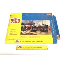 Hornby Dublo - two-rail 2022 'The Caledonian' Passenger Set LMR with Duchess Class 4-6-2 locomotive 'City of London' No.46245 with tender, two coaches and track, box base only, no lid; 4MT Standard 2-6-4 Tank locomotive No.80033 with two Talisman coaches and track in 2019 Goods Train Set box; four unboxed wagons, quantity of track, crane and buffer stops.