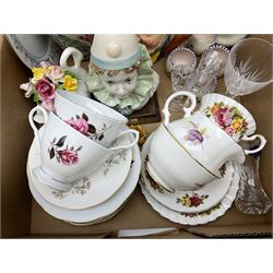 Large Swan pottery vase with a bouquet of dry flowers together with  oblong crystal bowl, Stuart crystal vase, Poole pottery cups and plate etc