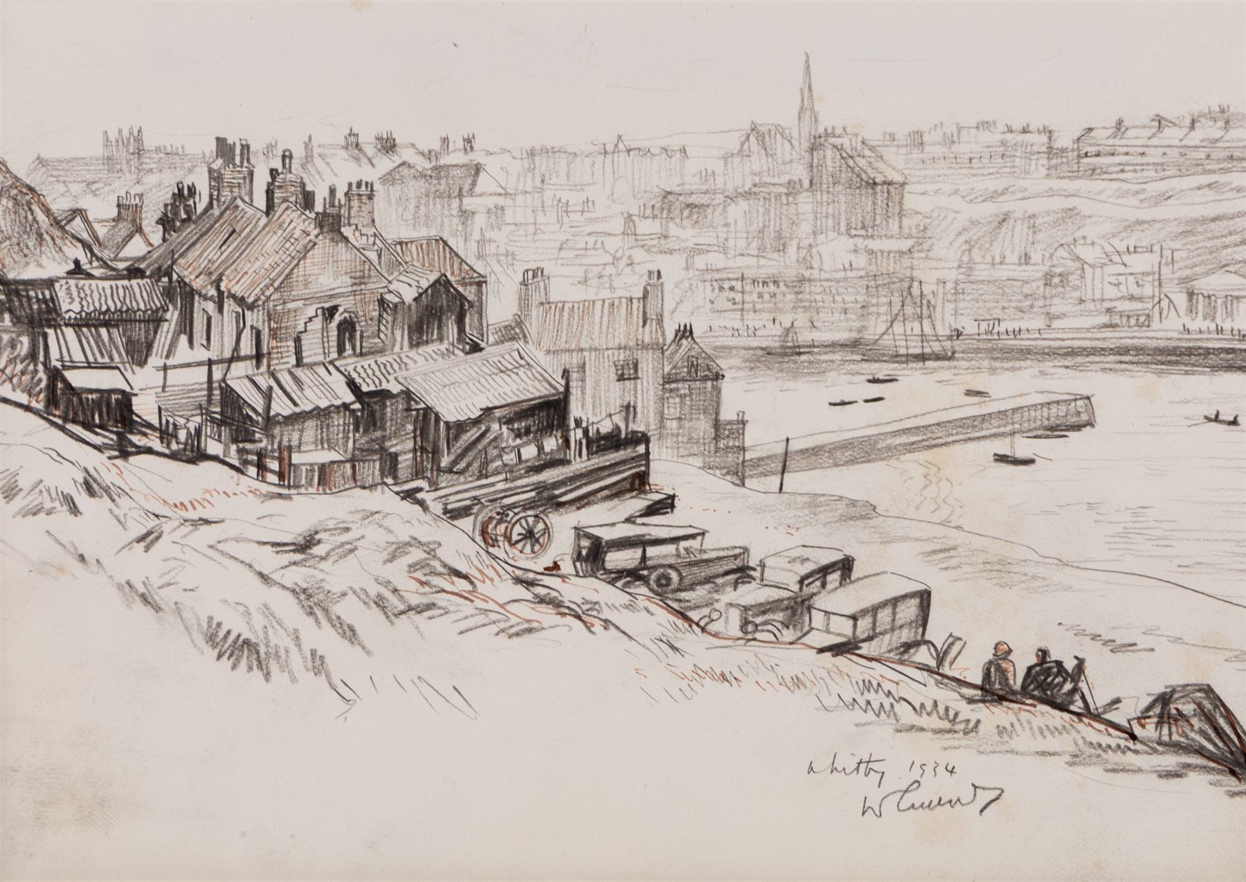 Joseph Ridley Ratcliffe McCulloch RBA (British 1893-1961): Collection of locations across North Yorkshire including 'Scarboro' Castle' and 'Whitby', five mixed media signed dated and titled max 19.5cm x 31.5cm (5) (unframed)