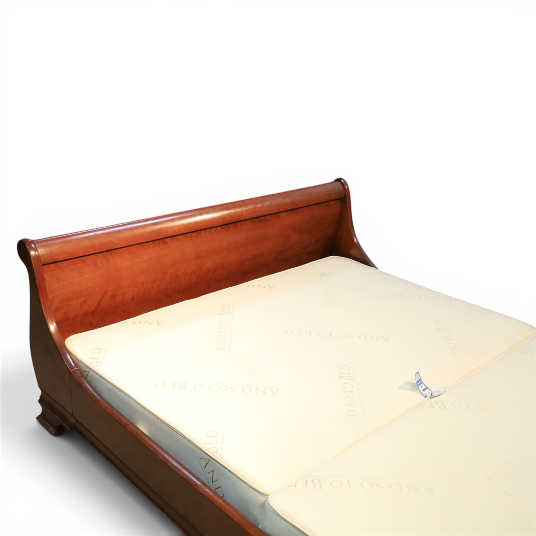 And So To Bed - 5' king size cherrywood sleigh bed, shaped scroll headboard and footboard with rounded cylindrical top rails, panelled boards and moulded side rails, on short bracket feet