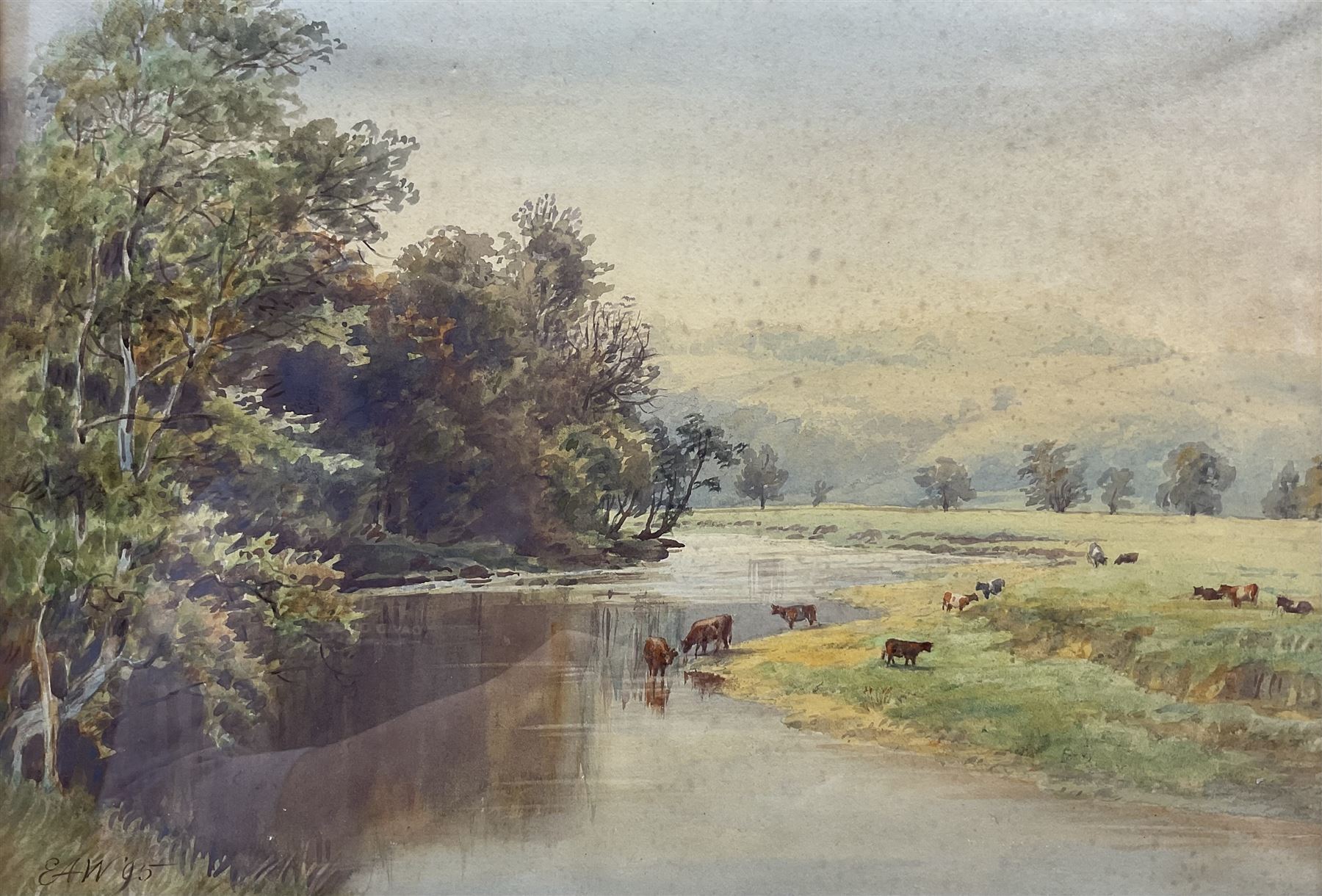 Sir Ernest Albert Waterlow (British 1850-1919): 'A River Landscape with Cattle on the Banks', watercolour signed with initals and dated '95, titled on label verso 26cm x 38cm 