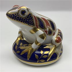 Three Royal Crown Derby paperweights, comprising Snail with gold stopper, Tortoise with gold stopper and Frog without stopper, all with printed mark beneath 