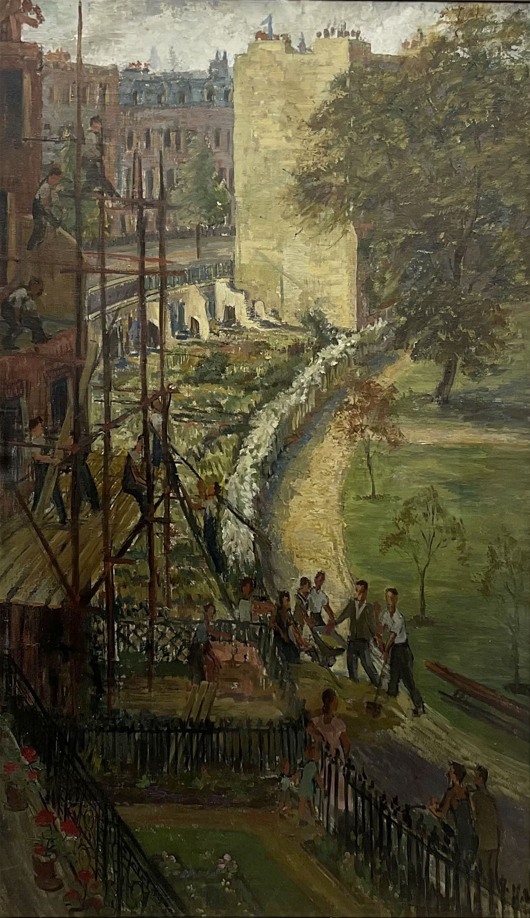 Constance-Anne Parker (British 1921-2016): Re-building a London Crescent, oil on canvas unsigned 100cm x 59cm
Provenance: direct from the artist's family; Parker born and lived in London but with a strong Yorkshire connection was an artist and sculptor, who also held a number of roles at the Royal Academy including in 1974 becoming its librarian and eventually a lecturer, archivist and travelling exhibitions organiser with the Academy.