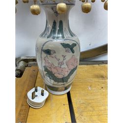 Coal bucket painted with flowers together with pair of bellows, boot scraper in the form of a beetle, wooden guillotine, composite table lamp with tassel lampshade and one other