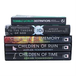 Five Adrian Tchaikovsky signed first edition novels, to include 'Children of Time' trilogy, 'Pretenders to the Throne of God' and 'Terrible Worlds - Destinations'