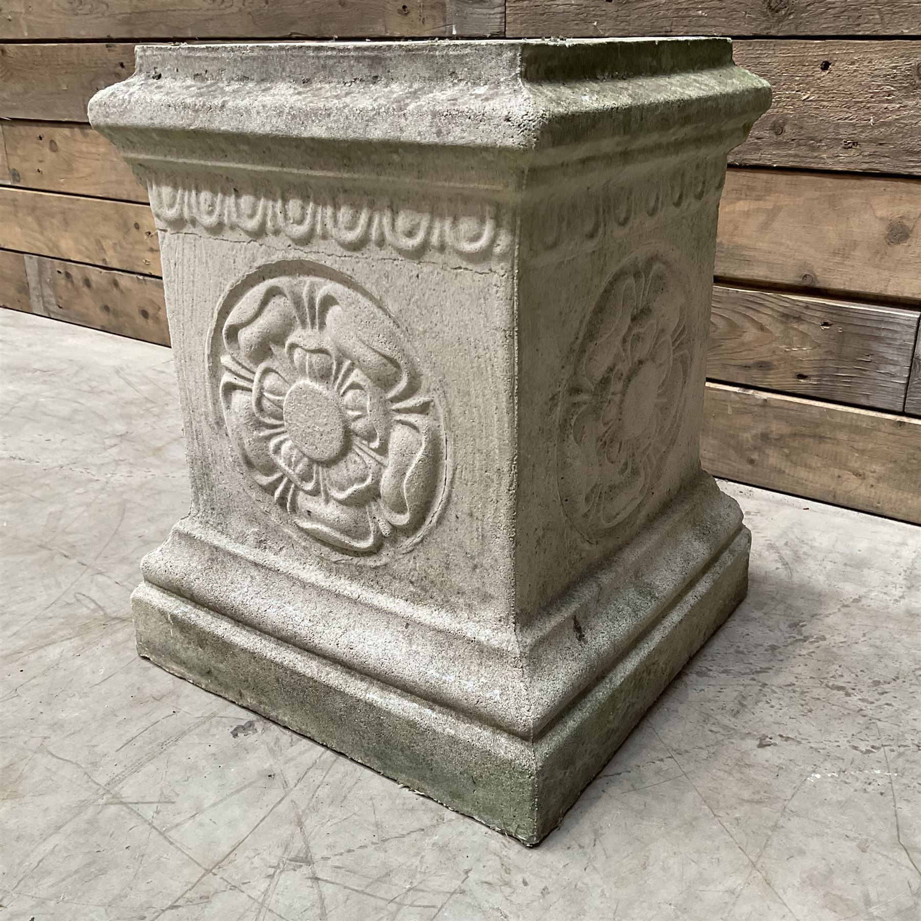 Cast stone garden pedestal with relief 'Yorkshire Rose' motif