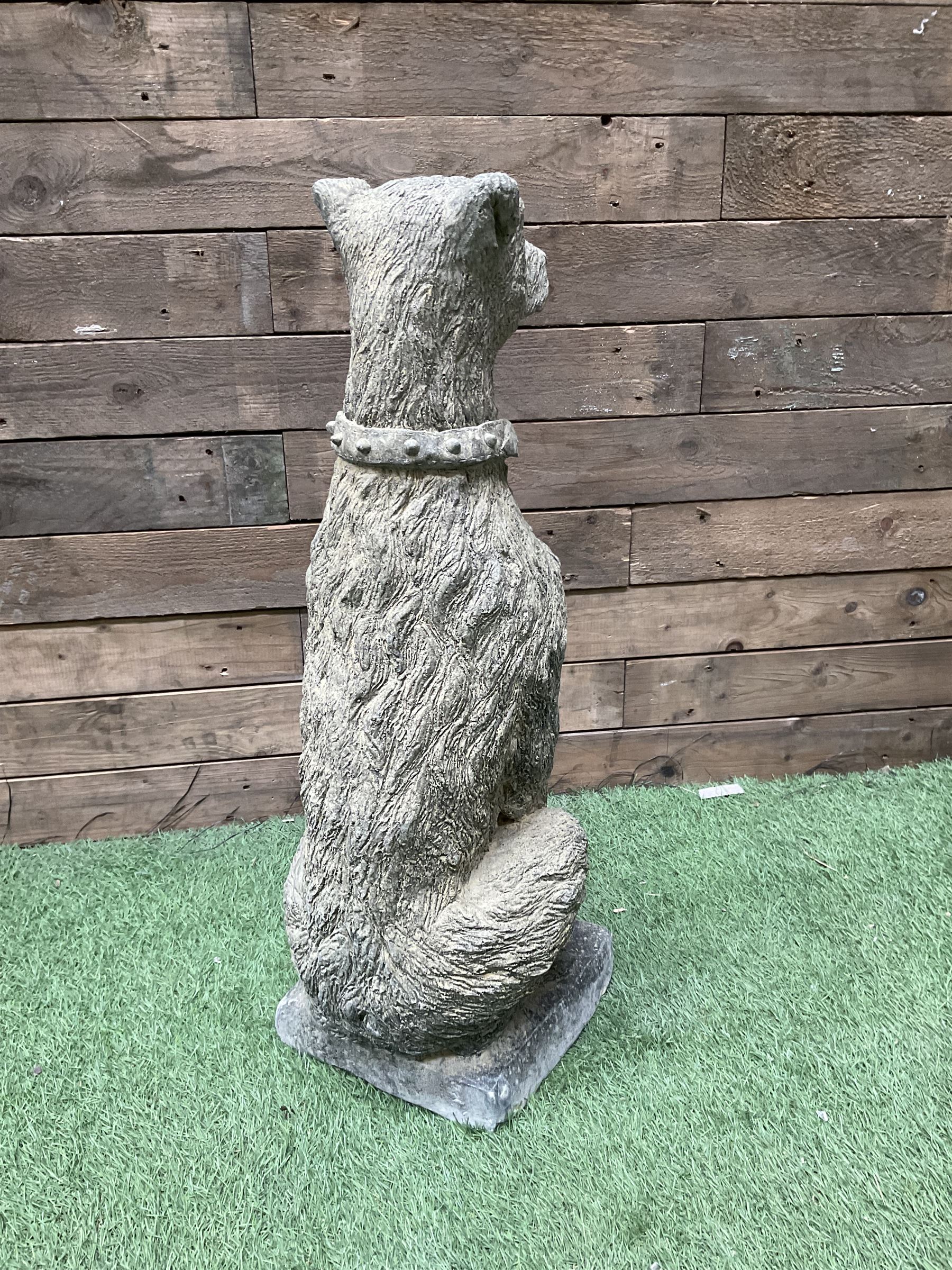 Pair of cast stone garden Deer Hounds, on square plinth bases