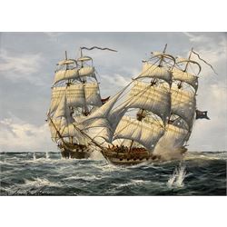 Franz Van Holles (Dutch 20th century): Two Frigates Engaging, oil on panel signed 28cm x 39cm