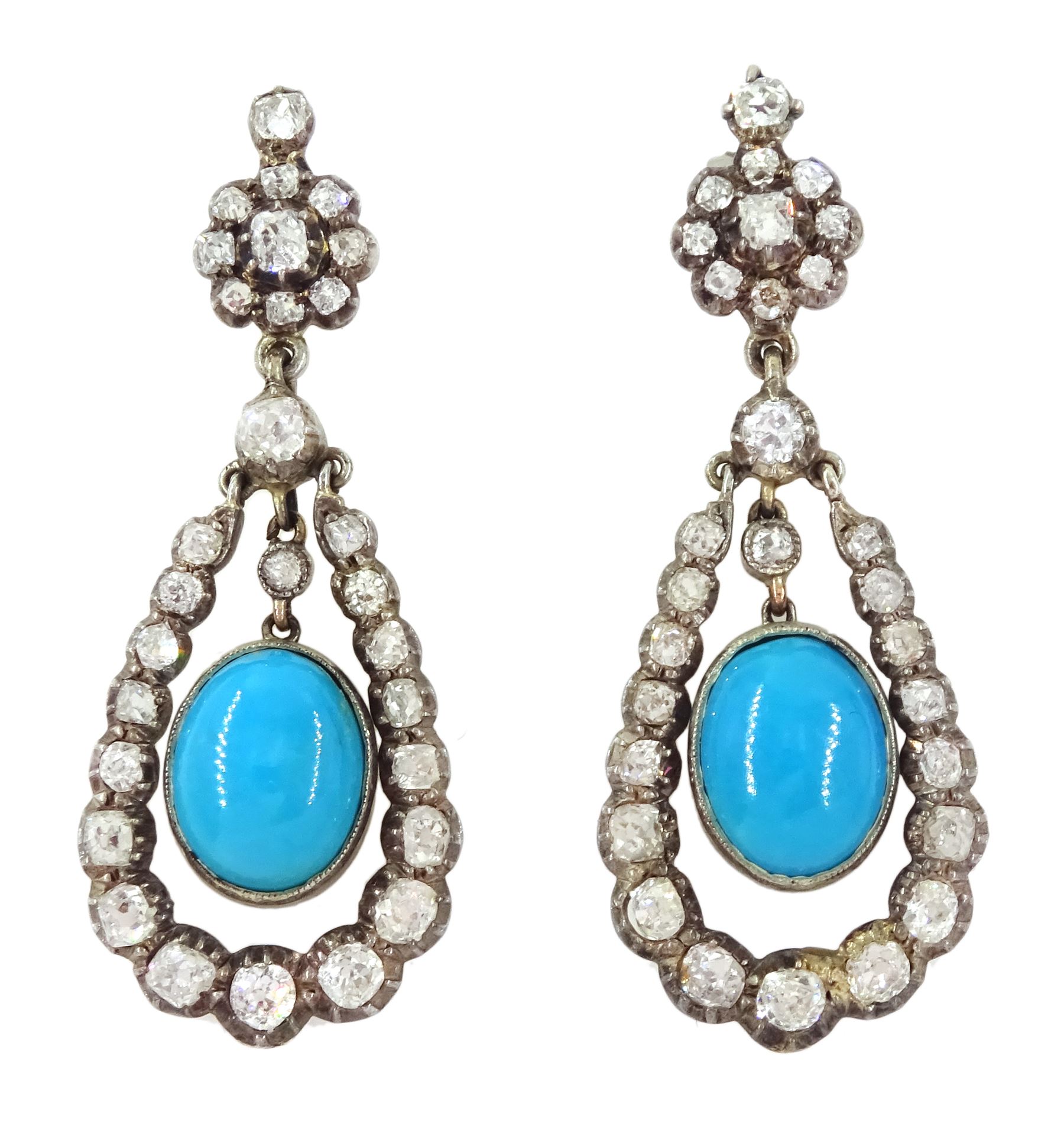 Pair of 19th / early 20th century gold and silver turquoise and old cut diamond pendant earrings, detachable oval cabochon turquoise pendants suspended within graduating diamond surround, total diamond weight approx 2.40 carat