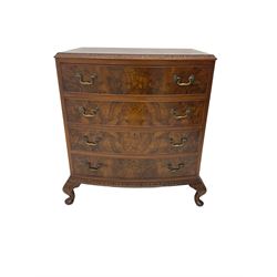 Mid-20th century walnut bow-front chest, fitted with four cockbeaded drawers, raised on cabriole supports carved with acanthus leaves
