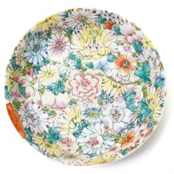 Pair of Chinese Kangxi period blue and white lobed dishes decorated with panels of fishermen, and another painted with a traditional scene, unmarked, D11.5cm; together with a Chinese millefleur dish, painted externally with bats, apocryphal Qianlong marks in red to base, D14.5cm (4)