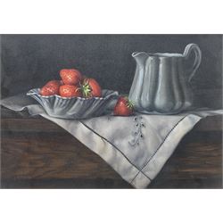 Tim Brough (British 20th century): Still Life with Strawberries, oil on canvas signed 24cm x 34cm