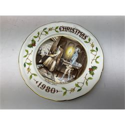 Spode Christmas collectors plates, comprising two 1973 Three Kings of Orient, 1974 Deck of Halls, two 1975 Christbaum, two 1976 Good King Wenceslas and 1977 Holly & Ivy, all in original boxes, together with Aynsley Christmas collectors plate 1980 Marleys Ghost, and Seven Wedgwood Jasperware Christmas collectors plates, in original boxes 