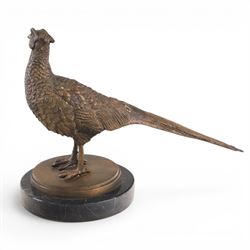 Bronze pheasant upon a circular marble base, together with a similar partridge, largest H25cm 