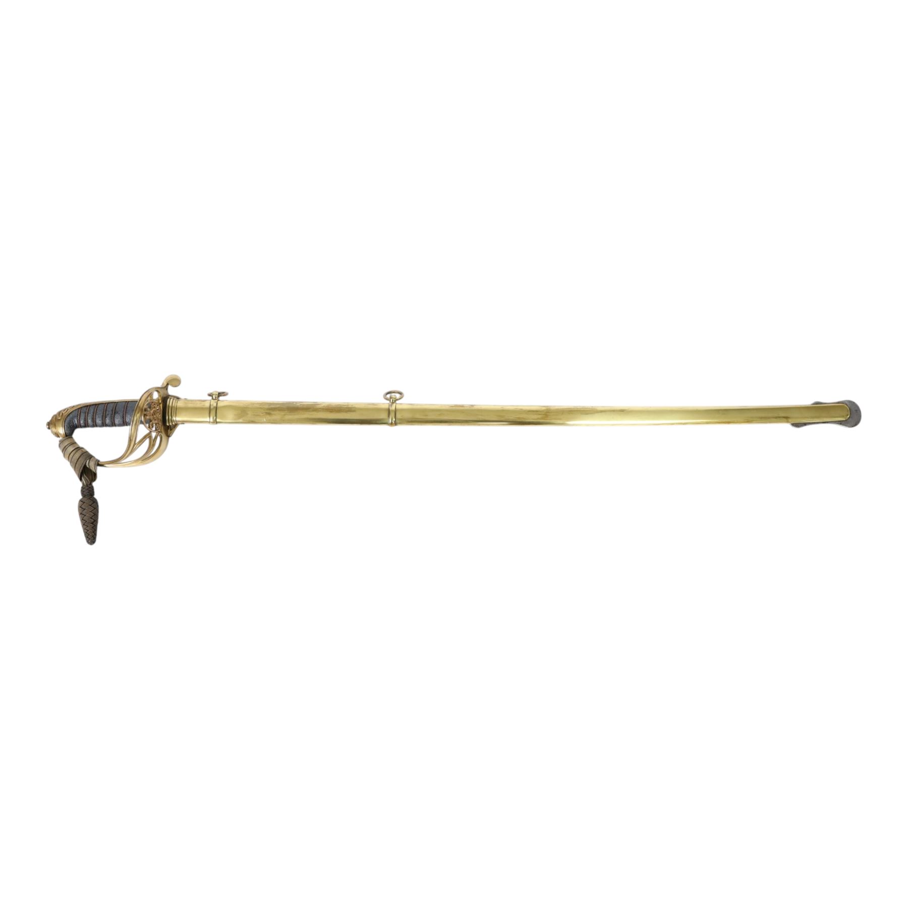 British 1822 pattern, named, infantry officers' sword, the 82cm slightly curved and fullered single edged blade engraved on both sides, bears the Victorian coat of arms and the owners initials 'GB', ricasso marked Grindlay & Co London, the brass basket guard with Victoria cartouche and fold down rear flap, shagreen bound grip with original wire binding and gilt sword knit, with brass scabbard, twin suspension rings and steel chape mount, overall L102cm  