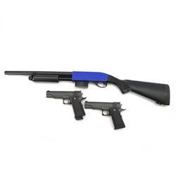 Two Airsoft BB pistols, G.6 zinc alloy shell, boxed together with a pump action BB gun 