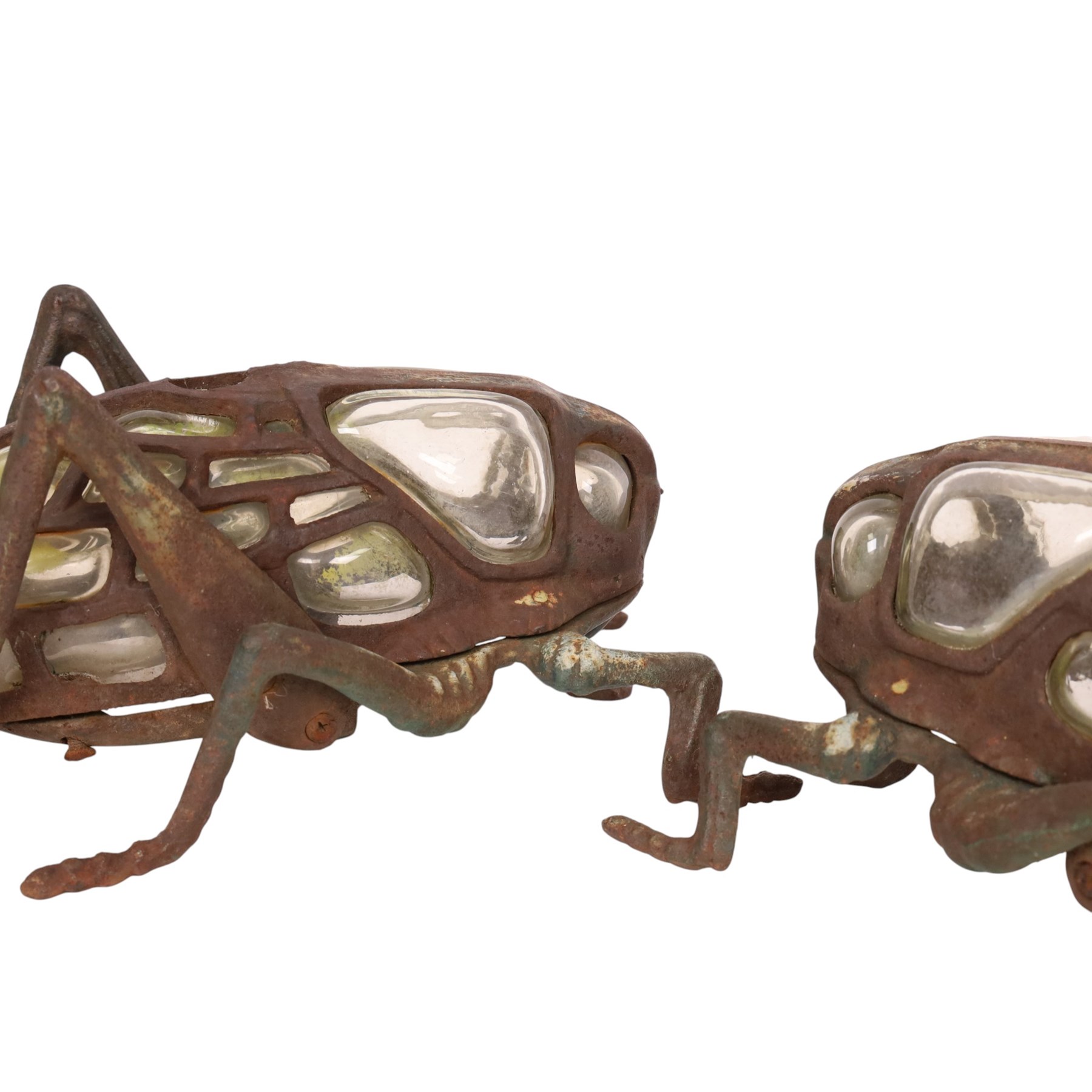 Pair of Japanese cast iron lanterns formed of crickets, H13cm
