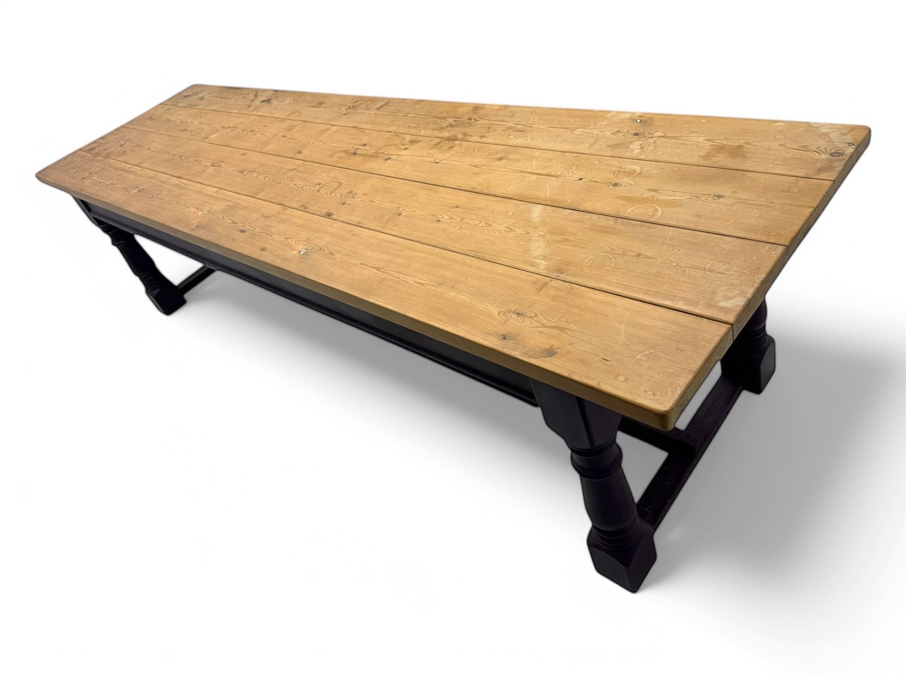 Late 20th century substantial pine refectory table, rectangular four-plank top over an indigo painted base featuring turned supports united by box stretchers